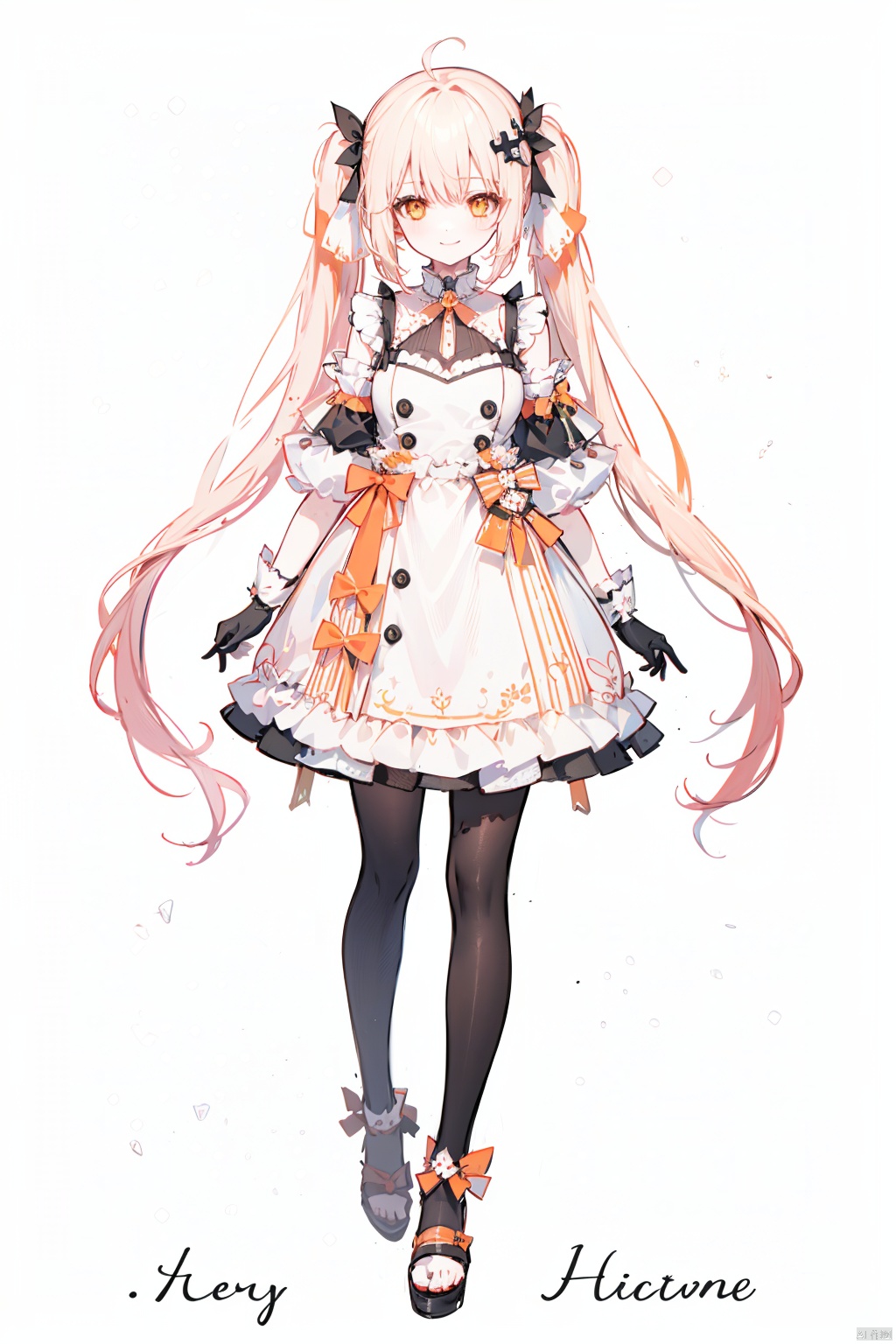 1girl, ahoge, black_gloves, black_legwear, character_name, dress, elbow_gloves, food-themed_hair_ornament, full_body, gloves, grey_background, long_hair, looking_at_viewer, orange_bow, orange_eyes, pantyhose, smile, solo, standing, twintails, very_long_hair