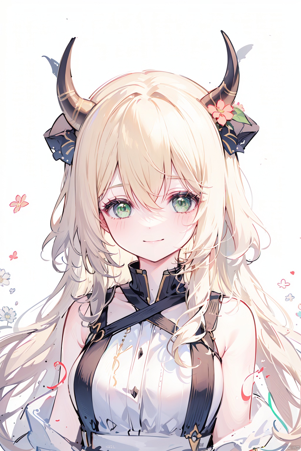 1girl, bangs, blonde_hair, closed_mouth, flower, green_eyes, hair_between_eyes, horns, long_hair, looking_at_viewer, smile, solo