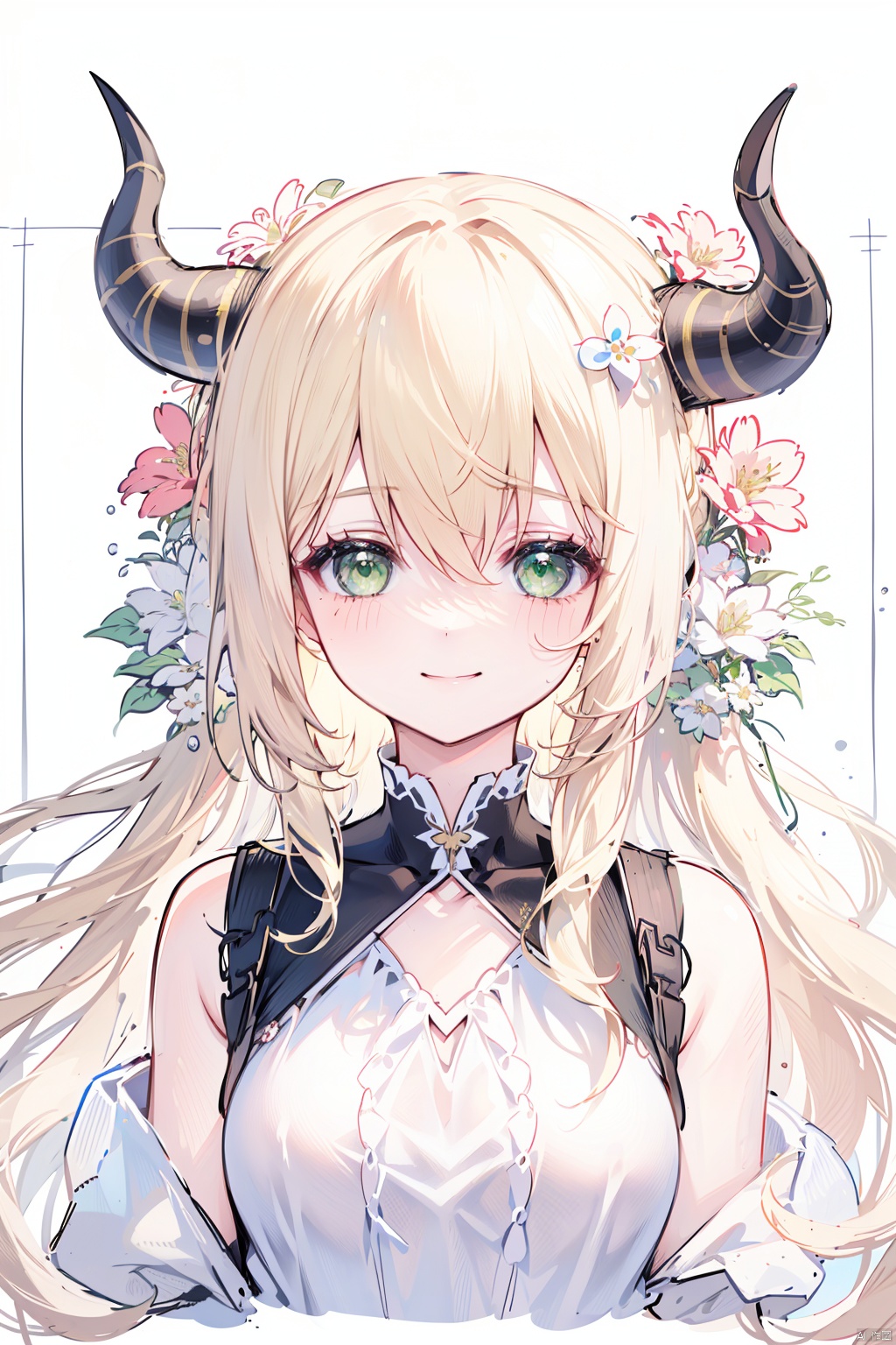 1girl, bangs, blonde_hair, closed_mouth, flower, green_eyes, hair_between_eyes, horns, long_hair, looking_at_viewer, smile, solo