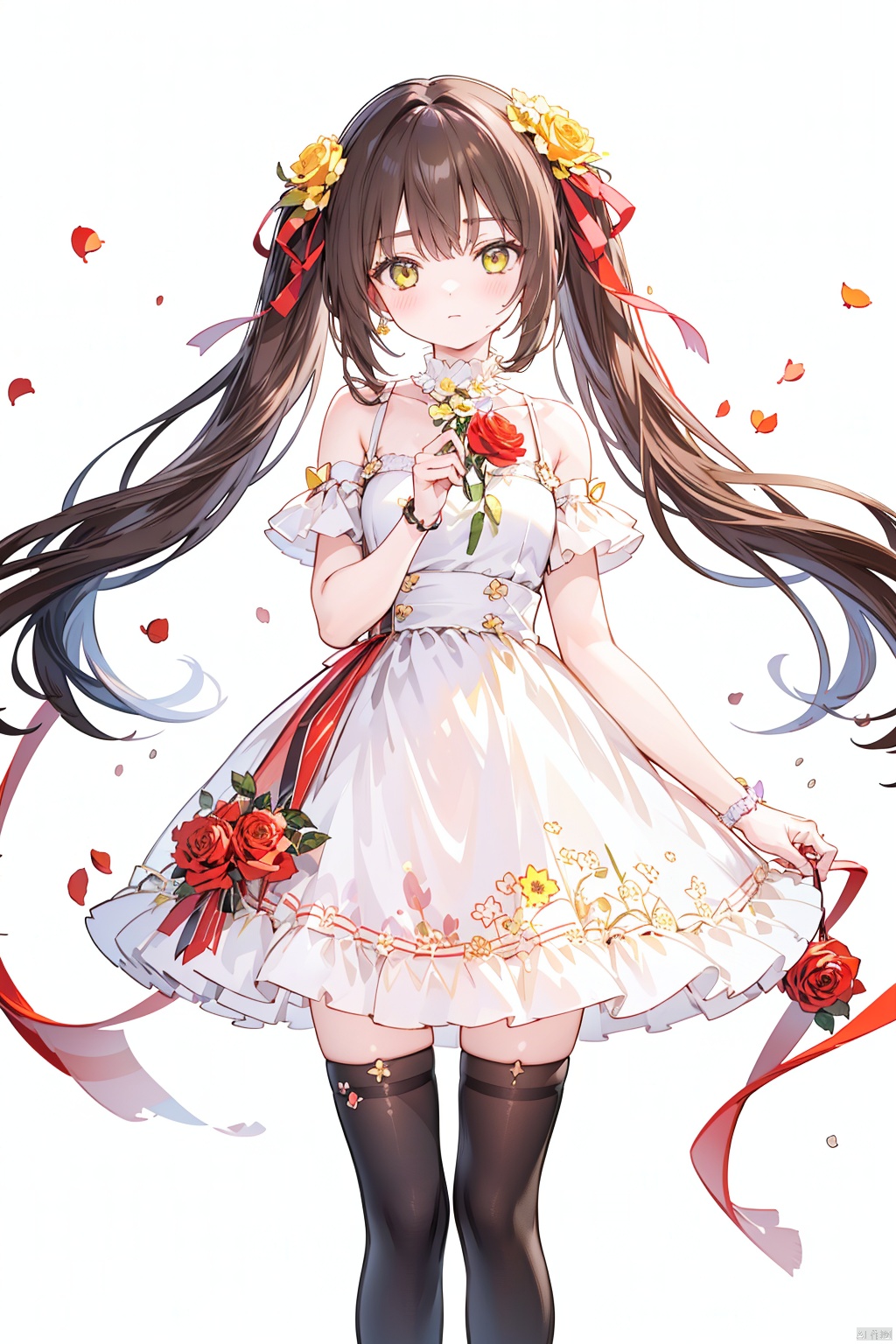 1girl, brown_hair, dress, flower, hair_ribbon, holding, holding_flower, long_hair, orange_background, orange_flower, petals, pink_flower, pink_rose, purple_rose, red_flower, red_rose, ribbon, rose, rose_petals, solo, striped, striped_legwear, thorns, white_flower, white_rose, yellow_background, yellow_flower, yellow_rose, yellow_theme