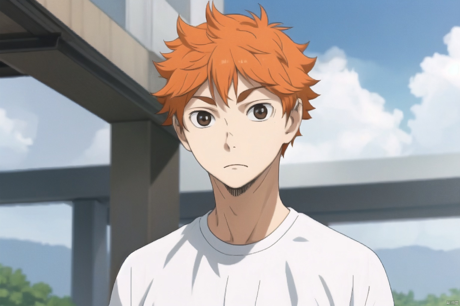  hinata shouyou,1boy, solo, white_shirt,full body, outdoor, running, athletic filed