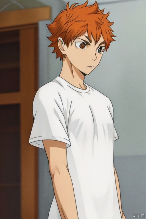 1boy, solo, white_shirt, full_body , outdoor, running, athletic filed,  hinata shouyou
