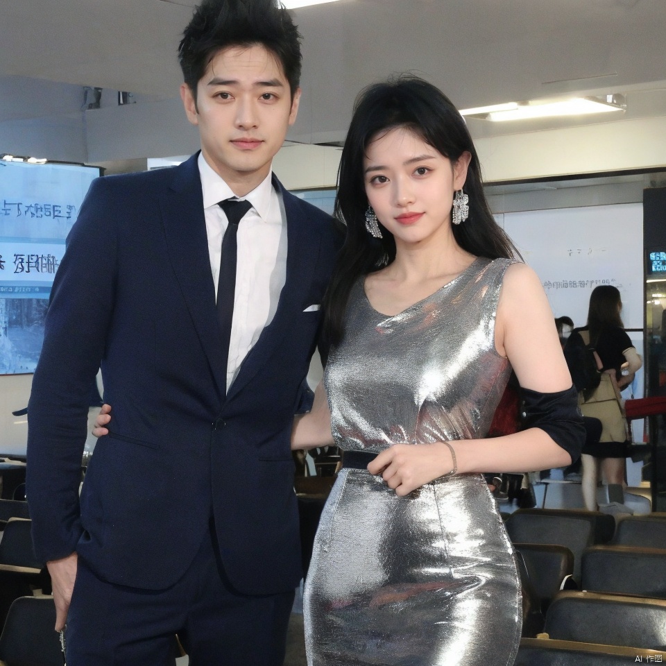 fullbody,2 people,1 girl, １ boy,Wear the same Treasure Blue Business suit,necktie,Treasure Blue Suit, pencil skirt,Seductive smile,office background, standing, 
trousers,Simple background,mature female,Mature males,Cusp high-heeled shoes,(in summer:1.3),((style of Alessio Albi)),(photorealistic:1.2),(film grain:0.2),((Depth of field)),spoken flying sweatdrops,official art,Best quality,masterpiece,((photorealistic:1.4)),extremely delicate,intricate details,best shadow,HD photos,slr,8k,hyperdetailed,(soft light), standing,rich in detail,(exposure blend:0.1), 1 girl, realistic, realism, 1girl,moyou, Real, ring, mugglelight, depth of field, OL, cheongsam