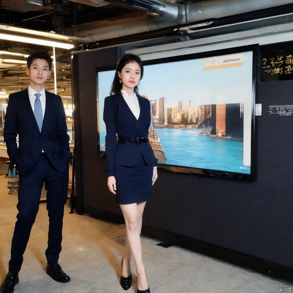 fullbody,2 people,1 girl, １ boy,Wear the same Treasure Blue Business suit,necktie,Treasure Blue Suit, pencil skirt,Seductive smile,office background, standing, 
trousers,Simple background,mature female,Mature males,Cusp high-heeled shoes,(in summer:1.3),((style of Alessio Albi)),(photorealistic:1.2),(film grain:0.2),((Depth of field)),spoken flying sweatdrops,official art,Best quality,masterpiece,((photorealistic:1.4)),extremely delicate,intricate details,best shadow,HD photos,slr,8k,hyperdetailed,(soft light), standing,rich in detail,(exposure blend:0.1), 1 girl, realistic, realism, 1girl,moyou, Real, ring, mugglelight, depth of field, OL, cheongsam