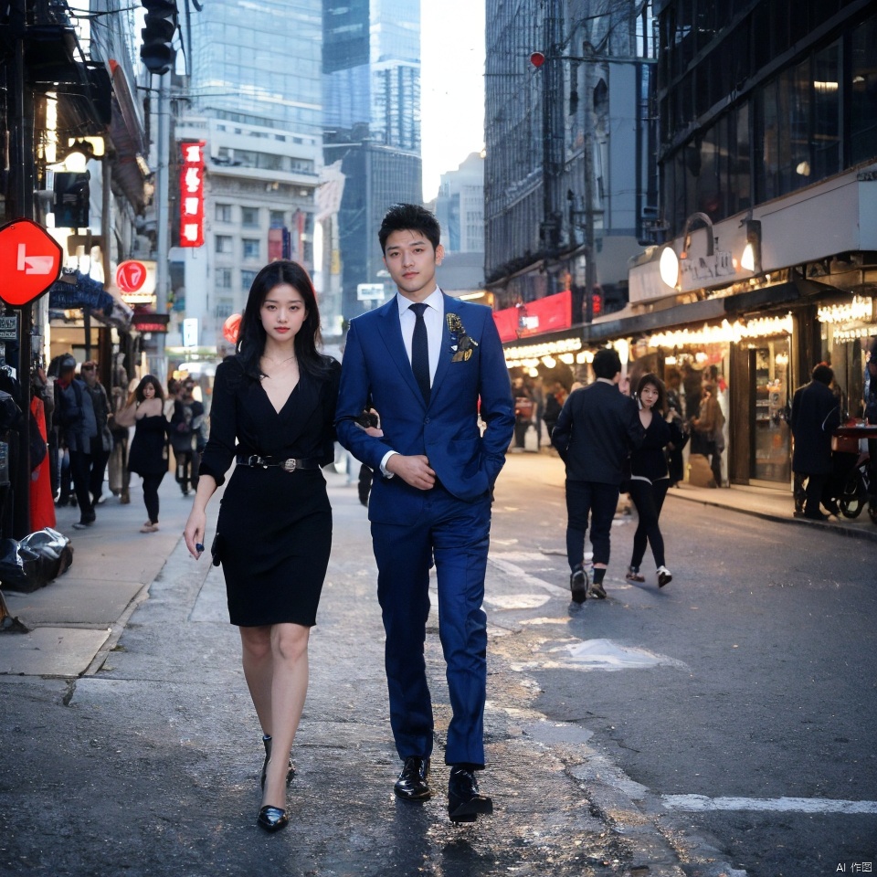 fullbody,2 people,1 girl, １ boy,Wear the same Treasure Blue Business suit,necktie,Treasure Blue Suit, pencil skirt,Seductive smile,office background, standing, 
trousers,Simple background,mature female,Mature males,Cusp high-heeled shoes,(in summer:1.3),((style of Alessio Albi)),(photorealistic:1.2),(film grain:0.2),((Depth of field)),spoken flying sweatdrops,official art,Best quality,masterpiece,((photorealistic:1.4)),extremely delicate,intricate details,best shadow,HD photos,slr,8k,hyperdetailed,(soft light), standing,rich in detail,(exposure blend:0.1), 1 girl, realistic, realism, 1girl,moyou, Real, ring, mugglelight, depth of field, OL, cheongsam
