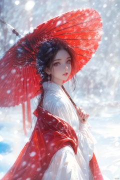 1girl, solo, long hair, looking at viewer, black hair, red eyes, long sleeves, holding, jewelry, upper body, earrings, outdoors, parted lips, japanese clothes, from side, makeup, umbrella, lipstick, holding umbrella, red lips, oil-paper umbrella, red umbrella