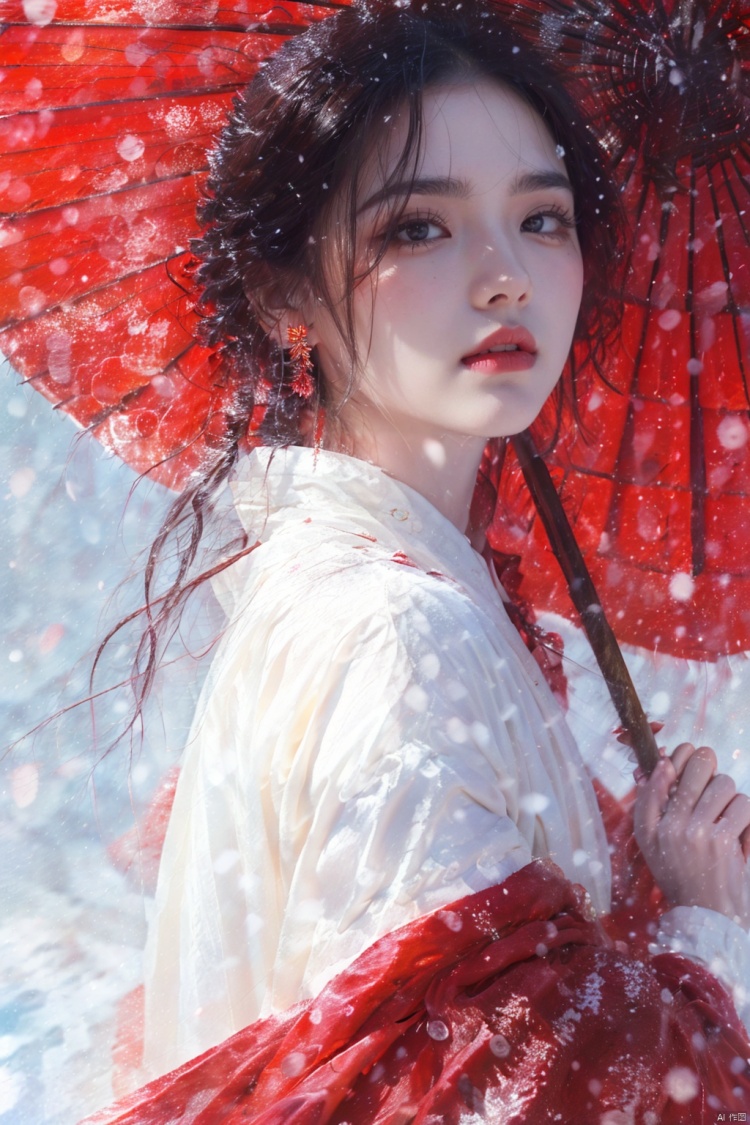 1girl, solo, long hair, looking at viewer, black hair, red eyes, long sleeves, holding, jewelry, upper body, earrings, outdoors, parted lips, japanese clothes, from side, makeup, umbrella, lipstick, holding umbrella, red lips, oil-paper umbrella, red umbrella