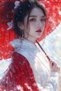 1girl, solo, long hair, looking at viewer, black hair, red eyes, long sleeves, holding, jewelry, upper body, earrings, outdoors, parted lips, japanese clothes, from side, makeup, umbrella, lipstick, holding umbrella, red lips, oil-paper umbrella, red umbrella