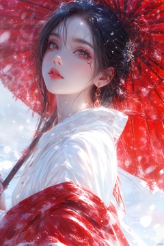 1girl, solo, long hair, looking at viewer, black hair, red eyes, long sleeves, holding, jewelry, upper body, earrings, outdoors, parted lips, japanese clothes, from side, makeup, umbrella, lipstick, holding umbrella, red lips, oil-paper umbrella, red umbrella