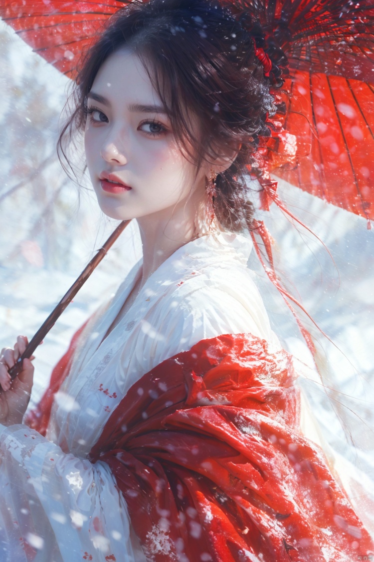 1girl, solo, long hair, looking at viewer, black hair, red eyes, long sleeves, holding, jewelry, upper body, earrings, outdoors, parted lips, japanese clothes, from side, makeup, umbrella, lipstick, holding umbrella, red lips, oil-paper umbrella, red umbrella