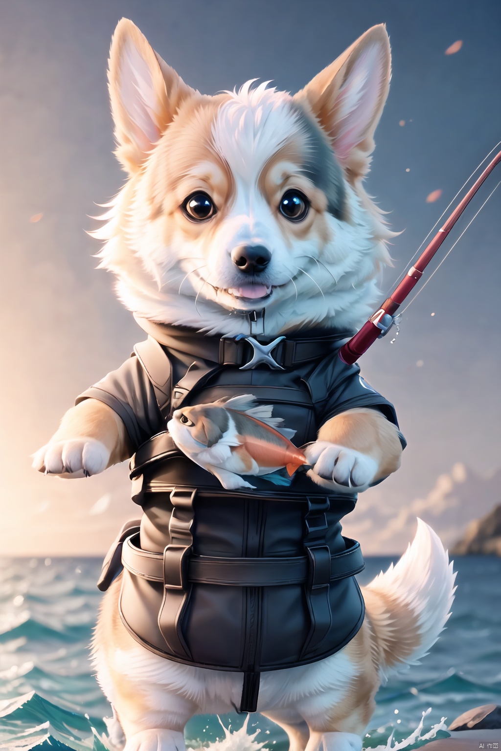  Best quality,8k, animal,corgi,sea,catch fish,