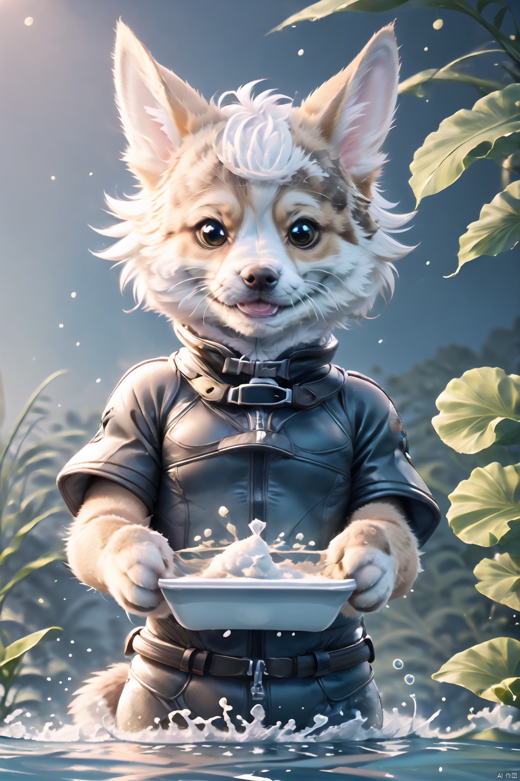 Best quality,8k, animal,solo, cat, swimming_pool,smile,