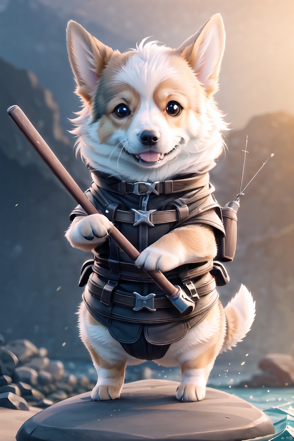  Best quality,8k, animal,corgi,hold finshing rod,sea,fish,