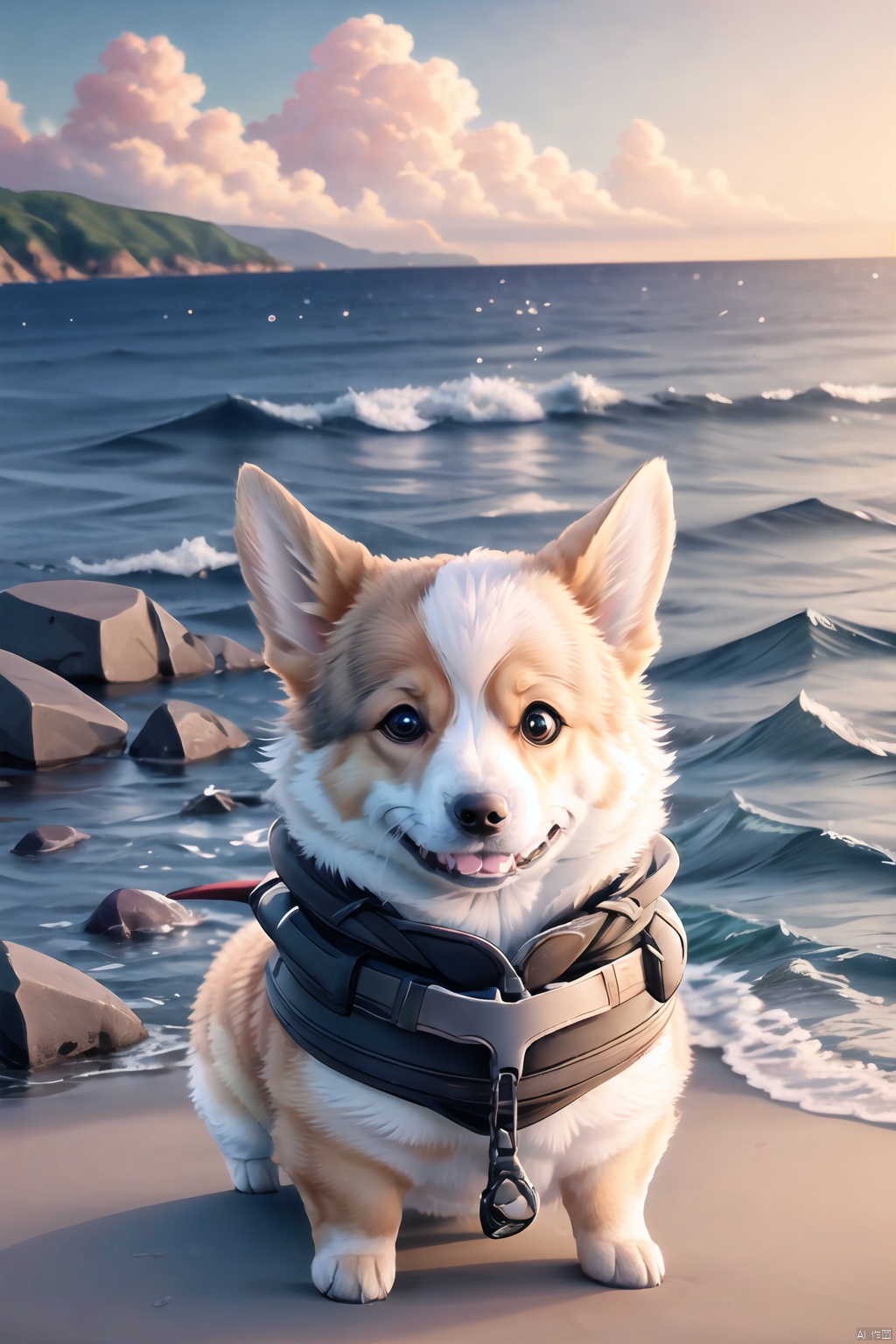  Best quality,8k, animal,corgi,sea,catch fish,