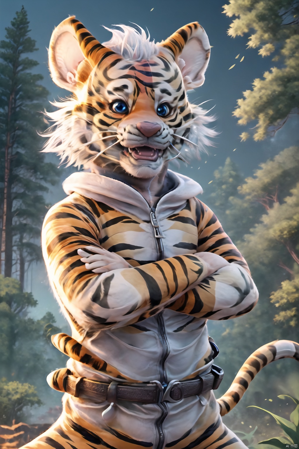 Best quality,8k, animal,(solo:1.3), (tigger:1.5), blue eyes,smile, [orange|white hair:10],forest,