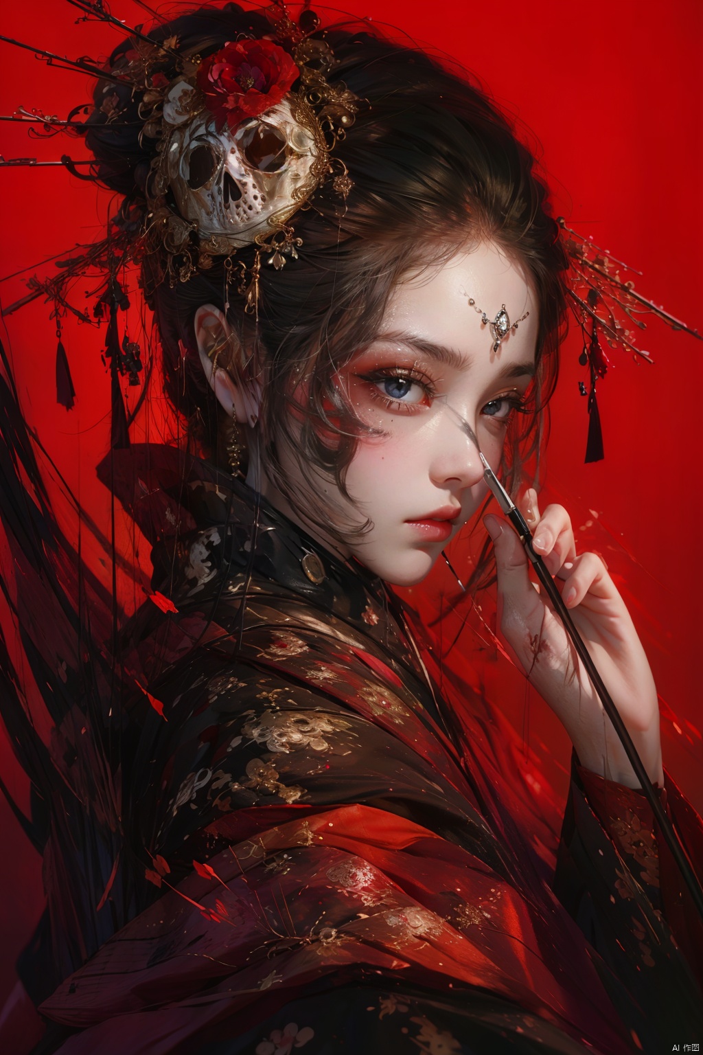 1girl, solo, long hair, looking at viewer, black hair, hair ornament, long sleeves, holding, upper body, parted lips, japanese clothes, hand up, hair bun, from side, makeup, single hair bun, red background, skull, red lips, hair stick, red theme, skull hair ornament