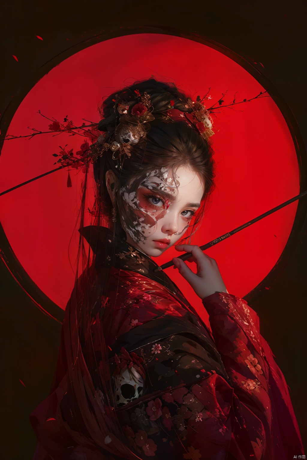 1girl, solo, long hair, looking at viewer, black hair, hair ornament, long sleeves, holding, upper body, parted lips, japanese clothes, hand up, hair bun, from side, makeup, single hair bun, red background, skull, red lips, hair stick, red theme, skull hair ornament