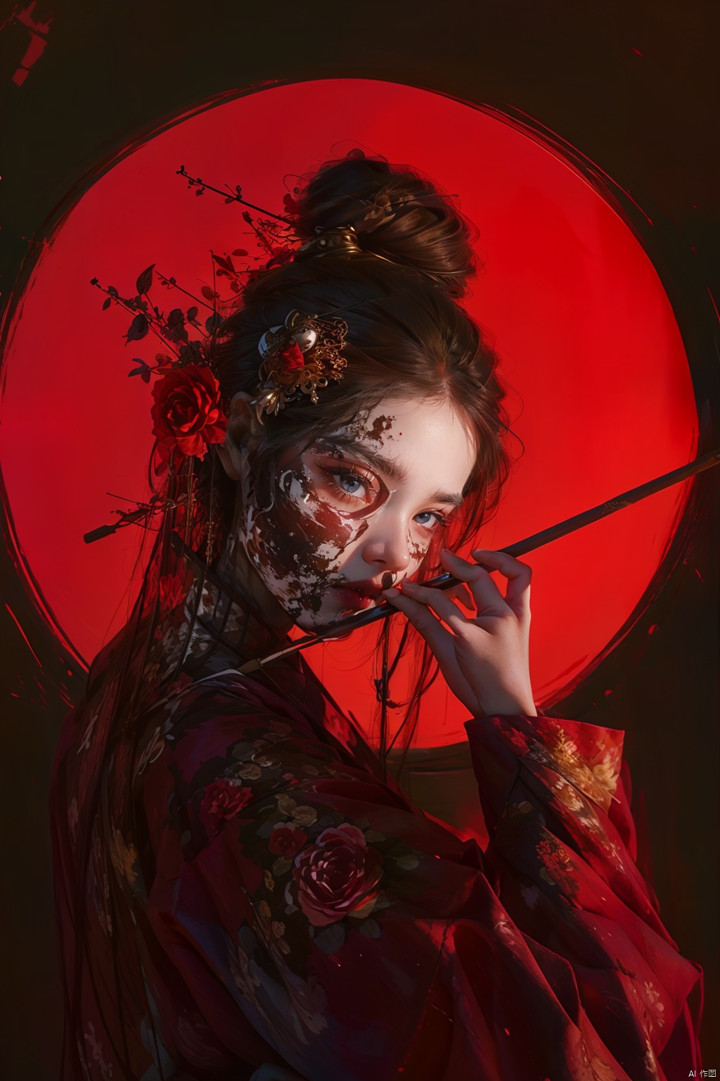 1girl, solo, long hair, looking at viewer, brown hair, black hair, hair ornament, long sleeves, holding, brown eyes, upper body, flower, hair flower, hair bun, from side, rose, chinese clothes, single hair bun, red flower, red background, hair stick, red theme