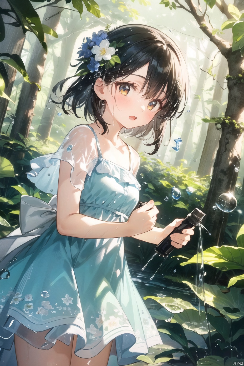  1girl,low angle,water spray,leaf,flowers,(forest:1.2),(droplets:1.33),sea,droplets,flower dress,best quality,masterpiece,illustration,an extremely delicate and beautiful,extremely detailed,CG,unity,8k wallpaper,GRASS,hair flower,cute,scene depth