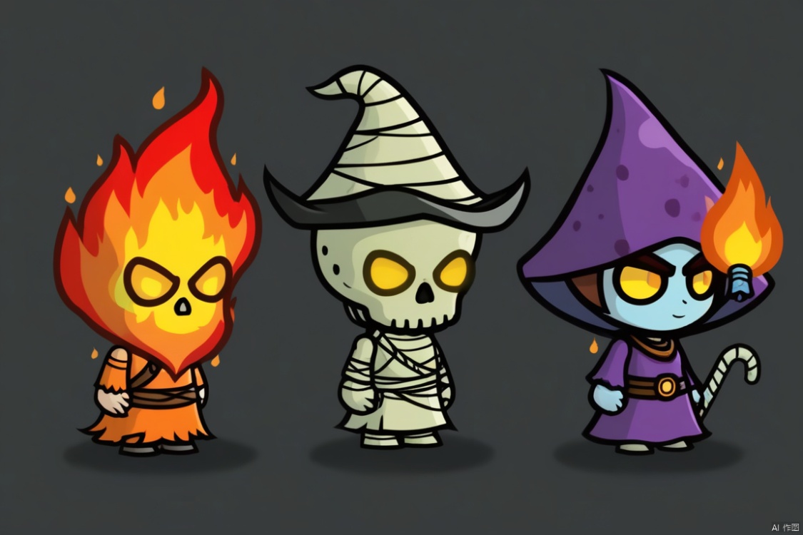 Three game characters, Fire Elemental Mummy Mage