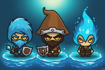 Three game characters, water elemental barbarian wizard