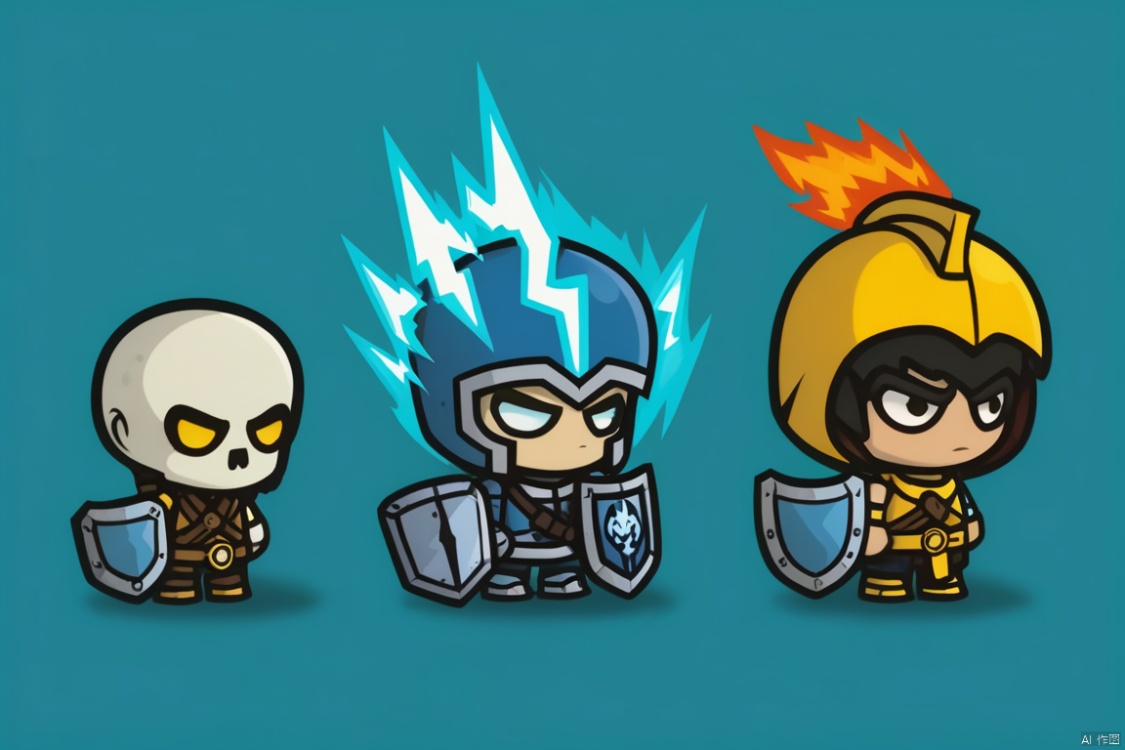 Three game characters, Lightning Knight, Lightning Skeleton, Thunder Elemental Warrior,