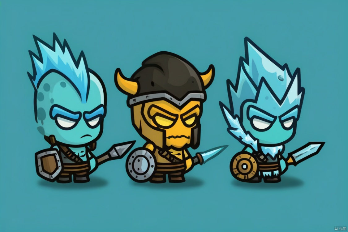  Three game characters, ice elemental barbarian warrior,