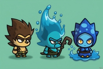 Three game characters, water elemental hedgehog
