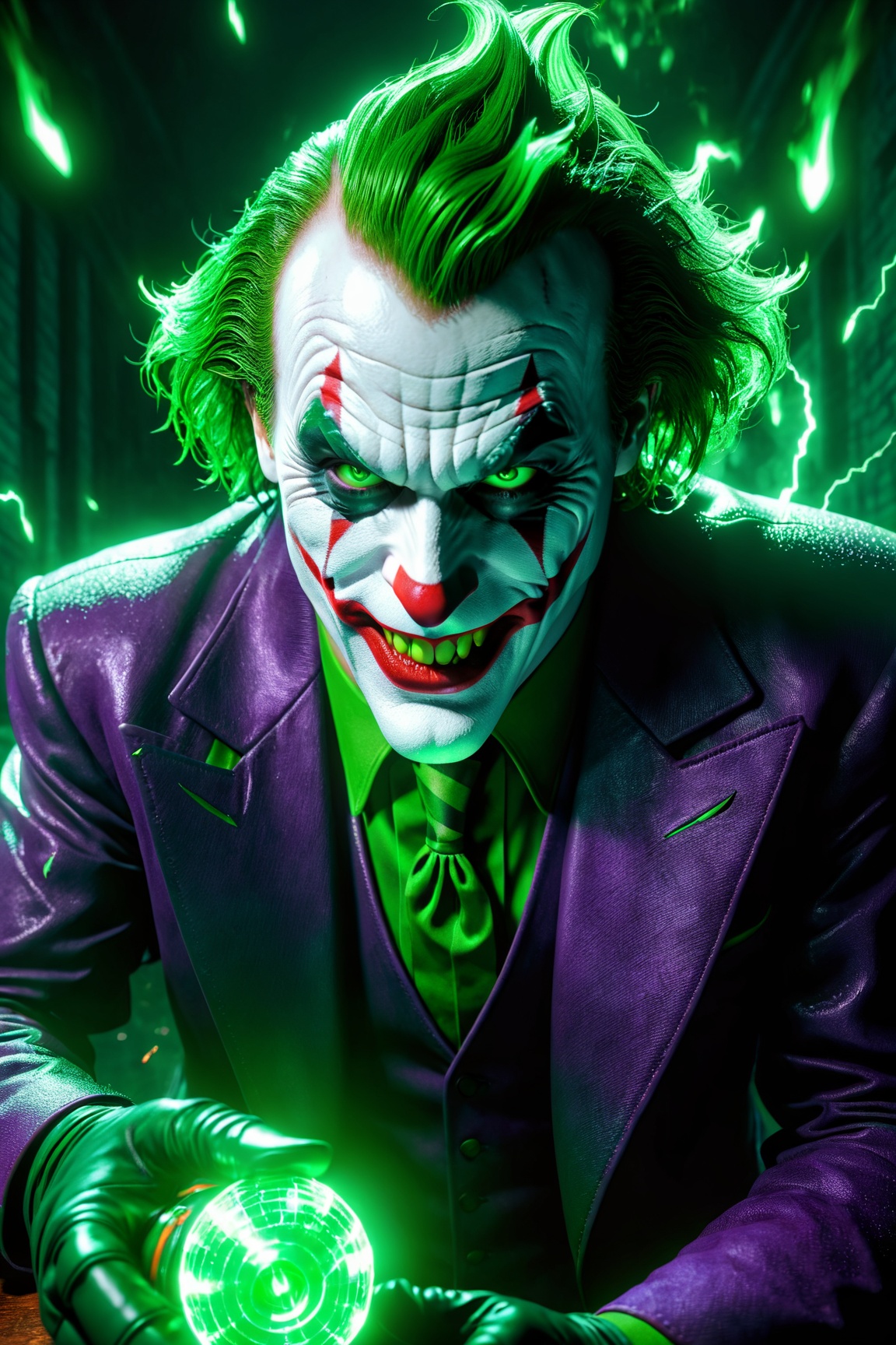 The Dark Joker with Green Evil Light eyes and lighting green thunder Dc ,  scary,  Classic Academia on Tensor.Art