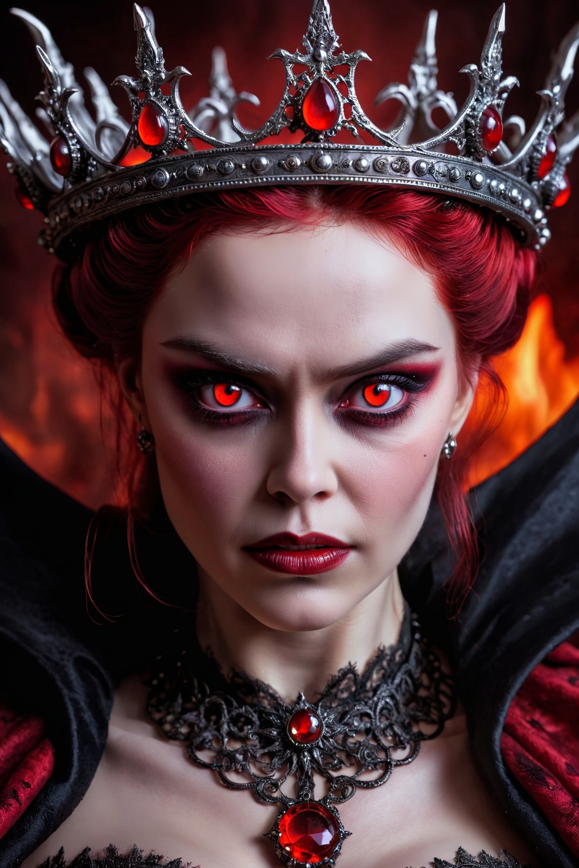 "Produce a spellbinding portrait of Lilith,  the Queen of Hell,  where her eyes burn with a captivating red hue on Tensor.Art
