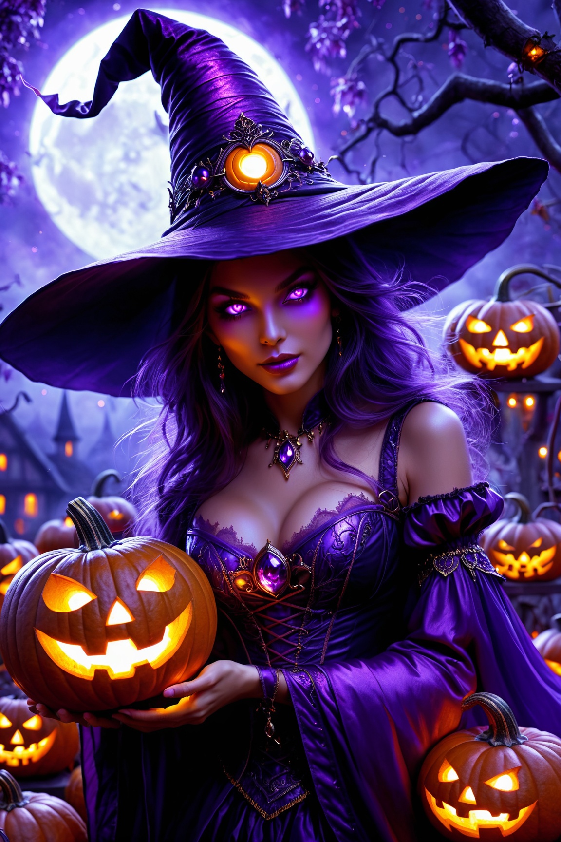 a purple witch purple glowing eyes pumkin lanterns fantasy art highly detailed digital painting,  fantasy art beautiful ma...
