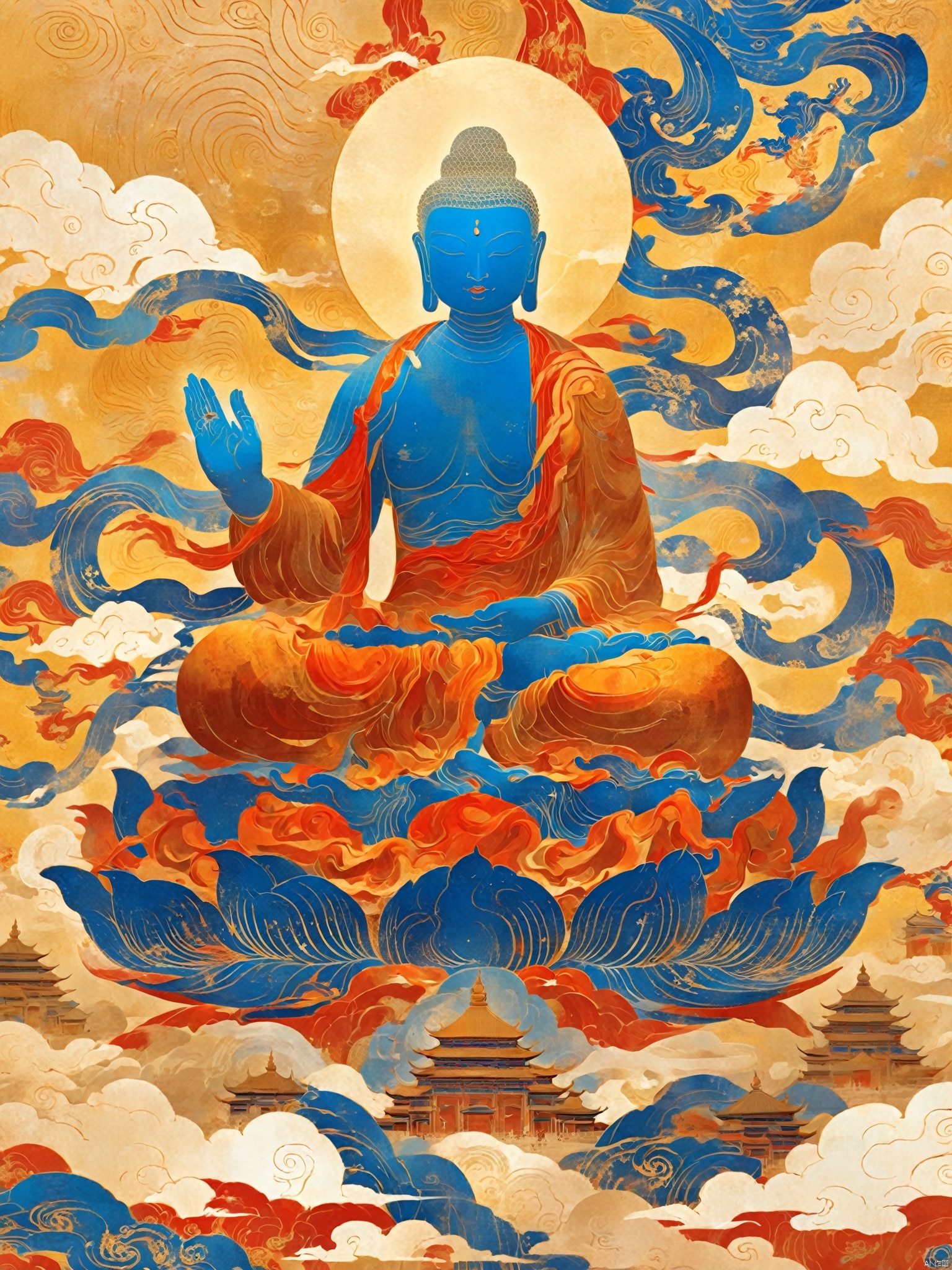  Dunhuang art style illustration,an extremely tiny monk sitting on the giant hand of Guanyin,nestled in continuous rolling ripples,extremely delicate brushstrokes, soft and smooth,China red and indigo,background covered with auspicious cloud patterns painted on gold foil