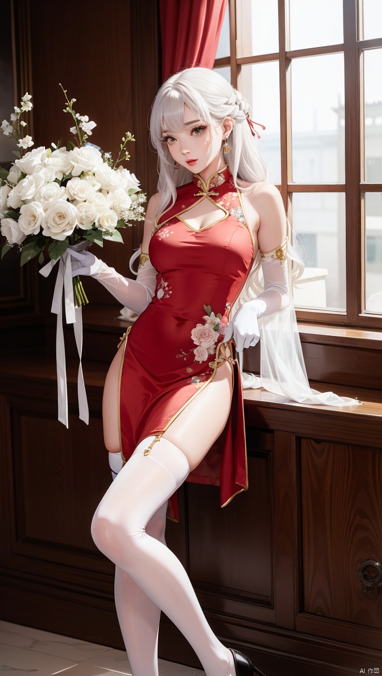  1girl,(lo style:1.5),bangs,lips,dress,long hair,brown eyes,thighhighs,bare shoulders,lo style chinese dress,chinese clothes,lipstick,realistic,bouquet,rose,jewelry,earrings,wavy hair,holding flower,gloves,elbow gloves,white gloves,makeup,white thighhighs,white hair,indoors,curtains,sitting, facing away,chair,flowers,standing,Masterpiece, Poster, Best Quality, poster, 2d game characters, Masterpiece, title, three game characters, Ice Element Tiger Knight
