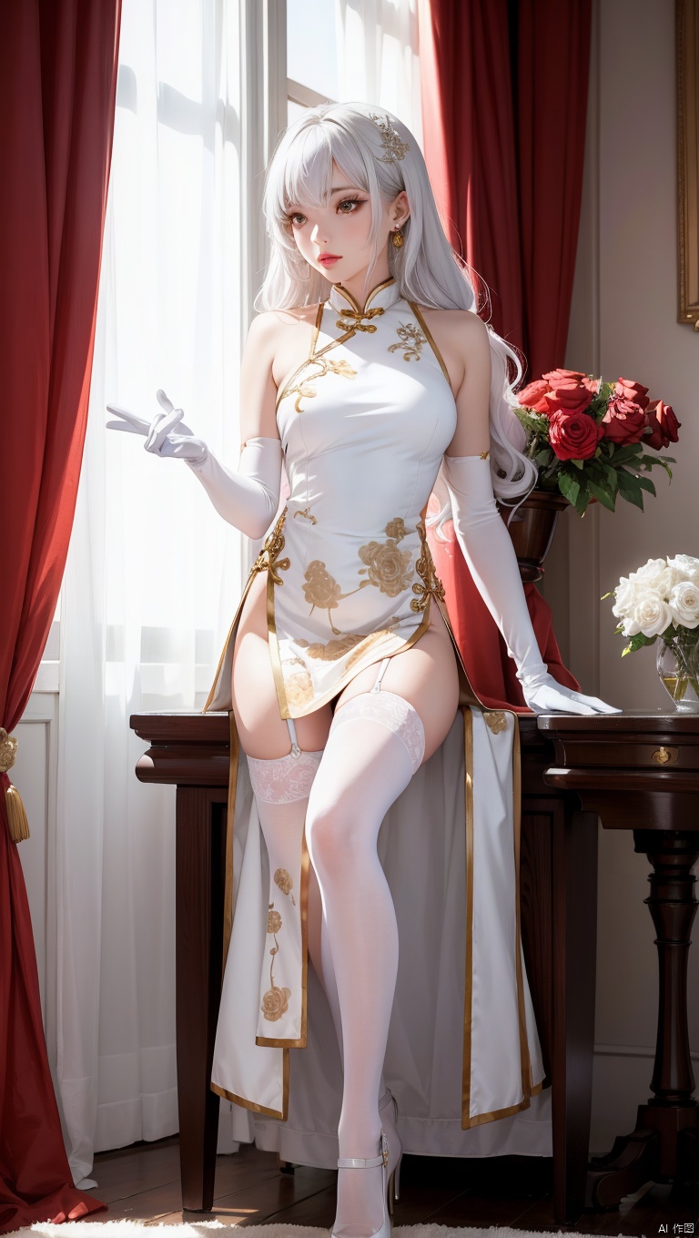 1girl,(lo style:1.5),bangs,lips,dress,long hair,brown eyes,thighhighs,bare shoulders,lo style chinese dress,chinese clothes,lipstick,realistic,bouquet,rose,jewelry,earrings,wavy hair,holding flower,gloves,elbow gloves,white gloves,makeup,white thighhighs,white hair,indoors,curtains,sitting, facing away,chair,flowers,standing,Masterpiece, Poster, Best Quality, poster, 2d game characters, Masterpiece, title, three game characters, Ice Element Tiger Knight
