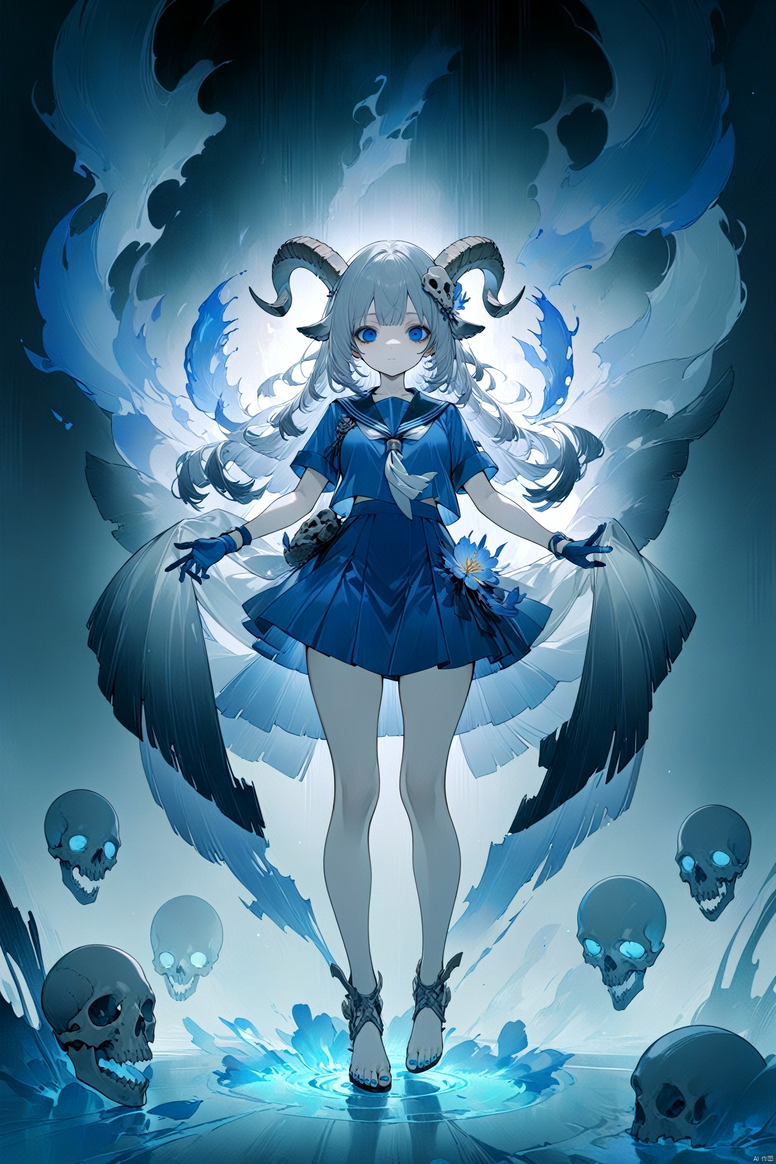  masterpiece,best quality,
(full body),standing,looking at viewer,(solo),
(1girl:1.5),solo,serafuku,lycoris flower,(goat skull:1),(horror),
(gloomy),(blue pigment:1.33),(hollow eyes:1),(expressionless
eyes),cowboy shot,ghost behind,floating animal skull,
(hanya, hair ornament:1.1),1girl,gloves,breasts,toenail
polish,makeup,( good hands, nice hands:0.5),(beautiful face),
((intricate detail)),clear face,