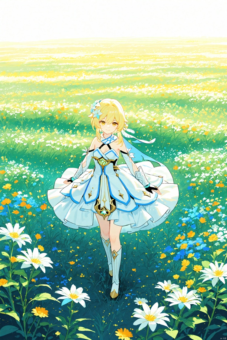 masterpiece,best quality,high quality,(colorful), Artist rafaelaaa, 1girl, flower, lumine (genshin impact), blonde hair, solo, dress, sword, weapon, hair ornament, hair flower, white dress, yellow eyes, planted, detached sleeves, looking at viewer, planted sword, bare shoulders, white flower, standing, breasts, full body, smile, field, flower field, boots, closed mouth, gloves, outdoors, white footwear, hair between eyes, short hair, sidelocks, , , , , 