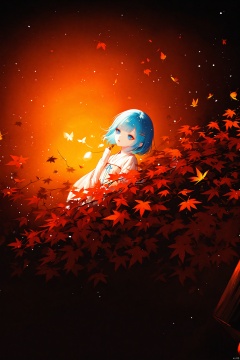 masterpiece,best quality,high quality,(colorful),[iumu],[Artist chen bin],Artist himitsu_(hi_mi_tsu_2),sheya,focus,masterpiece,solo,gradient_background,autumn,best quality,lantern,Through the mottled light and shadow of leaves,late at night,wind,flying butterfly,flying petal,maple,Falling Maple Leaves,Orange Moon,1 girl,Beautiful and meticulous eyes,small breast,beautiful detailed,hanfu-anime-style,Grey gradient hair Blue highlights,hairpin,hime_cut,sleeves past wrists,sleeves past fingers,sigh,strong rim light,anime screenshot,Bust,solo focus,extremely detailed wallpaper,Personage as the main perspective,intense shadows,cinematic lighting,depth of field,painting,bangs, , , , , 