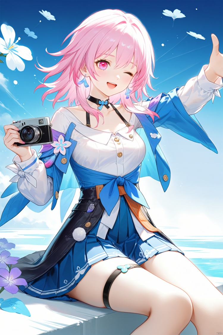 masterpiece,best quality,high quality,(colorful),Artist rafaelaaa, 1girl, camera, march 7th (honkai: star rail), solo, pink hair, one eye closed, tied jacket, skirt, shirt, white shirt, jacket, open mouth, pink eyes, holding, medium hair, long sleeves, blue eyes, smile, holding camera, blue skirt, choker, pleated skirt, blue jacket, sitting, two-tone eyes, upper teeth only, thigh strap, black corset, teeth, medium breasts, breasts, flower ornament, corset, black choker, miniskirt, jewelry, from side, outstretched arm, ;d, , , , , 