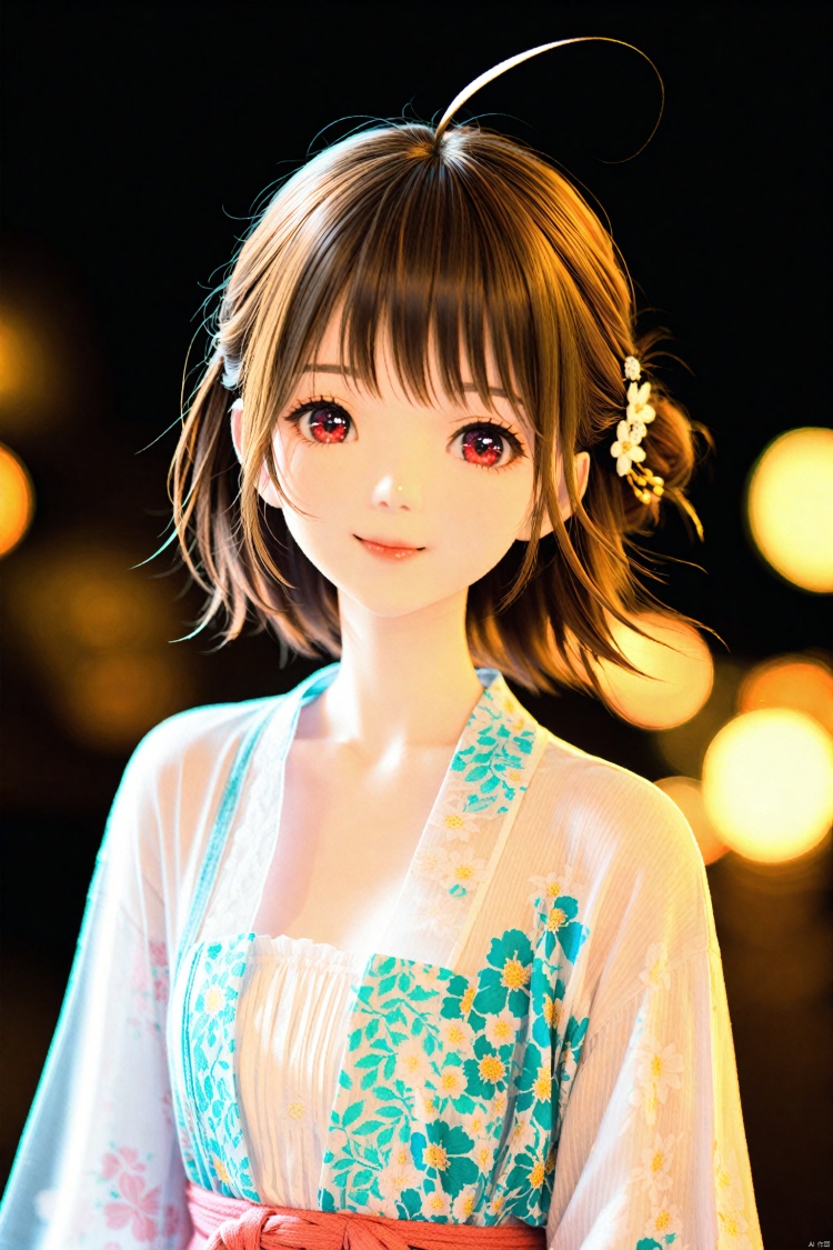 masterpiece,best quality,illustration,ultra detailed,hdr,Depth of field,(colorful),artist mmd,night,1girl,solo,red eyes,looking at viewer,hair ornament,short hair,upper body,brown hair,blurry,ahoge,bangs,see-through,depth of field,hanfu,smile,floral print,closed mouth, , , , , 