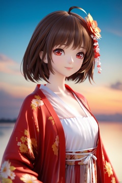 masterpiece,best quality,illustration,ultra detailed,hdr,Depth of field,(colorful),artist mmd,night,1girl,solo,red eyes,looking at viewer,hair ornament,short hair,upper body,brown hair,blurry,ahoge,bangs,see-through,depth of field,hanfu,smile,floral print,closed mouth, , , , , 