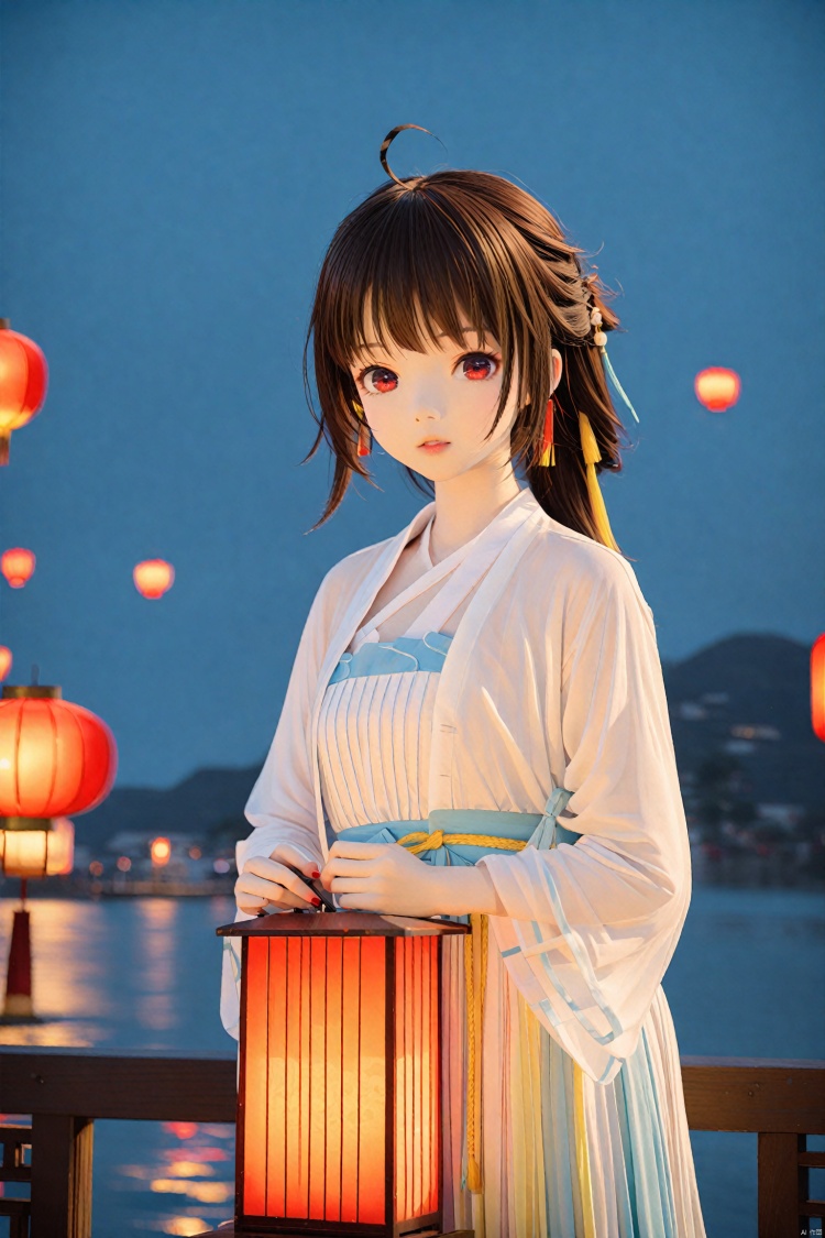  masterpiece,best quality,high quality,(colorful),mmd Style, 1girl, Ling Yuan Yousa (Virtual Idol), solo, looking_at_viewer, red_eyes, lantern, chinese_clothes, long_hair, ahoge, blurry, brown_hair, hanfu, see-through, paper_lantern, black_hair, bangs, dress