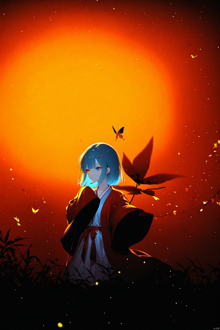 masterpiece,best quality,high quality,(colorful),[iumu],[Artist chen bin],Artist himitsu_(hi_mi_tsu_2),sheya,focus,masterpiece,solo,gradient_background,autumn,best quality,lantern,Through the mottled light and shadow of leaves,late at night,wind,flying butterfly,flying petal,maple,Falling Maple Leaves,Orange Moon,1 girl,Beautiful and meticulous eyes,small breast,beautiful detailed,hanfu-anime-style,Grey gradient hair Blue highlights,hairpin,hime_cut,sleeves past wrists,sleeves past fingers,sigh,strong rim light,anime screenshot,Bust,solo focus,extremely detailed wallpaper,Personage as the main perspective,intense shadows,cinematic lighting,depth of field,painting,bangs, , , , , 