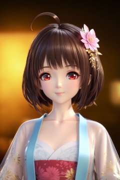 masterpiece,best quality,illustration,ultra detailed,hdr,Depth of field,(colorful),artist mmd,night,1girl,solo,red eyes,looking at viewer,hair ornament,short hair,upper body,brown hair,blurry,ahoge,bangs,see-through,depth of field,hanfu,smile,floral print,closed mouth, , , , , 