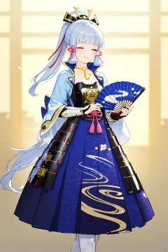 masterpiece,best quality,high quality,(colorful),Artist rafaelaaa, 1girl, kamisato ayaka, solo, hand fan, armor, ponytail, long hair, blunt bangs, closed eyes, holding, holding fan, hair ribbon, ribbon, hair ornament, breastplate, folding fan, japanese armor, blue hair, armored dress, standing, mole under eye, tress ribbon, tassel, skirt, sidelocks, japanese clothes, closed mouth, smile, dress, , , , , 