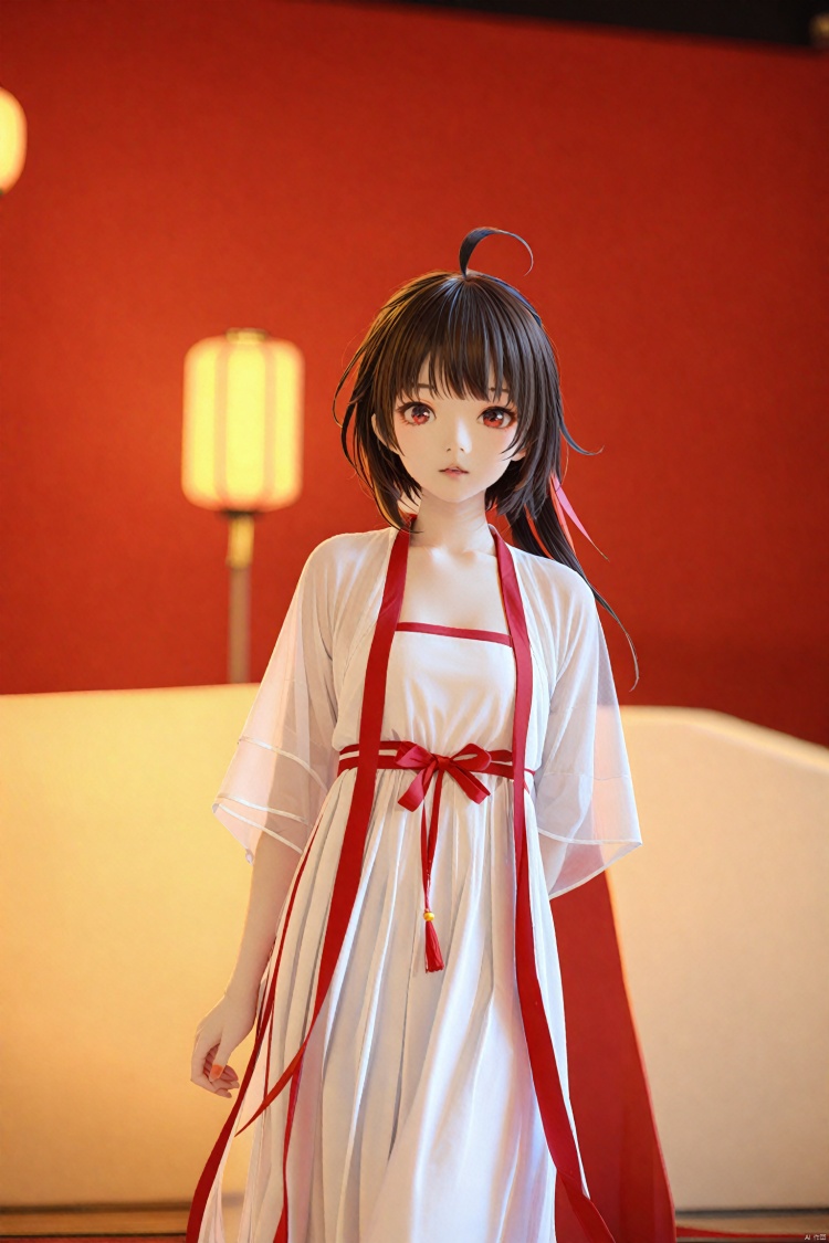  masterpiece,best quality,high quality,(colorful),mmd Style, 1girl, Ling Yuan Yousa (Virtual Idol), solo, looking_at_viewer, red_eyes, lantern, chinese_clothes, long_hair, ahoge, blurry, brown_hair, hanfu, see-through, paper_lantern, black_hair, bangs, dress