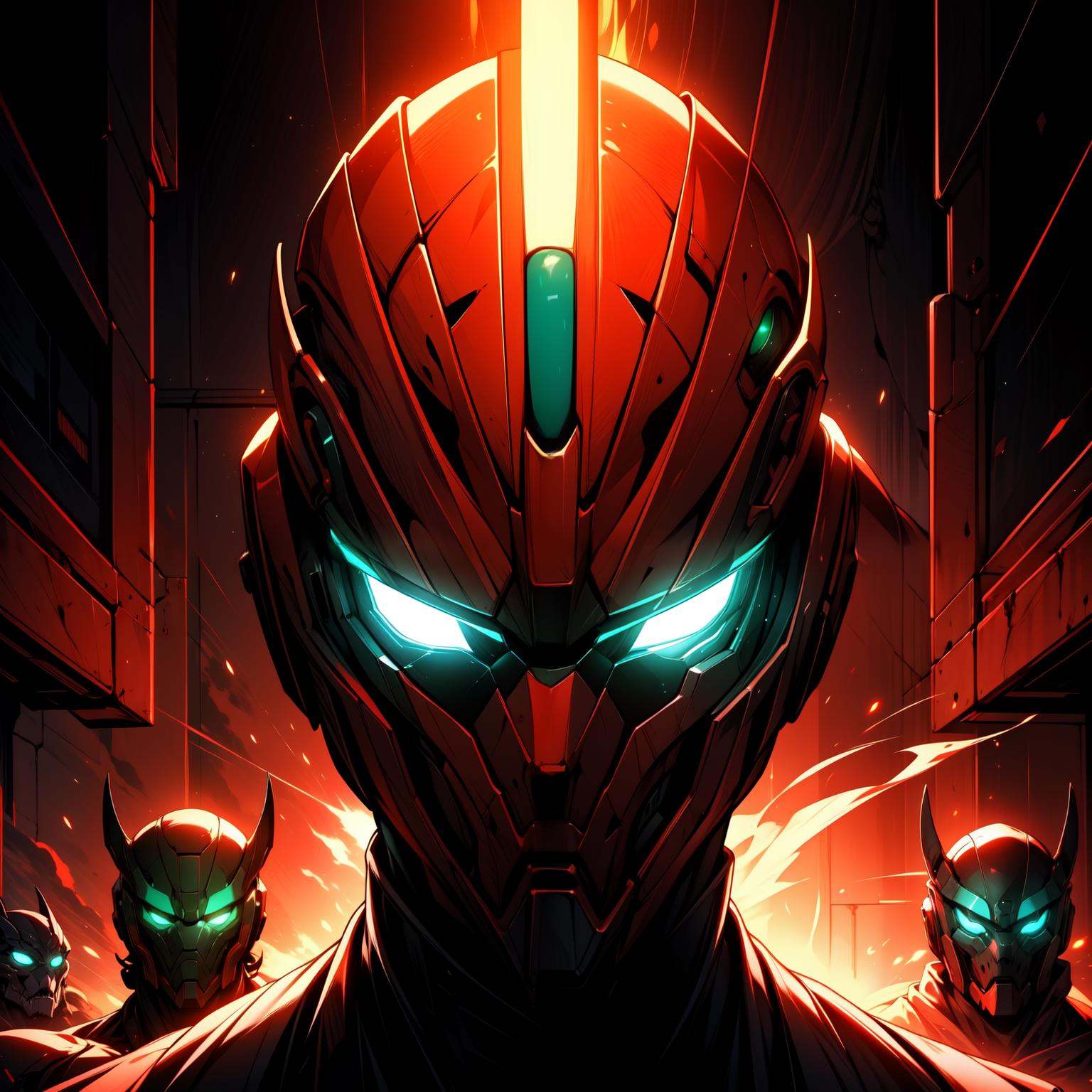 3heads,  sci fi red helmet on head with glowing green eyes,  mask on Tensor.Art