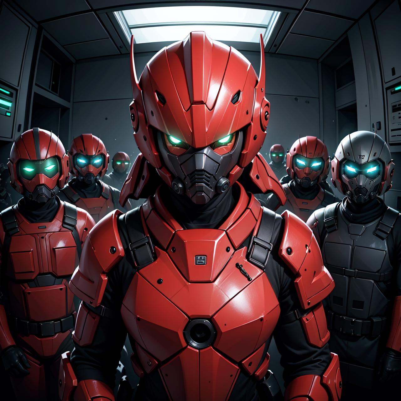 1girl in front of in red power armor:1.1),  [sci fi helmet on head with glowing green eyes],  mask on Tensor.Art