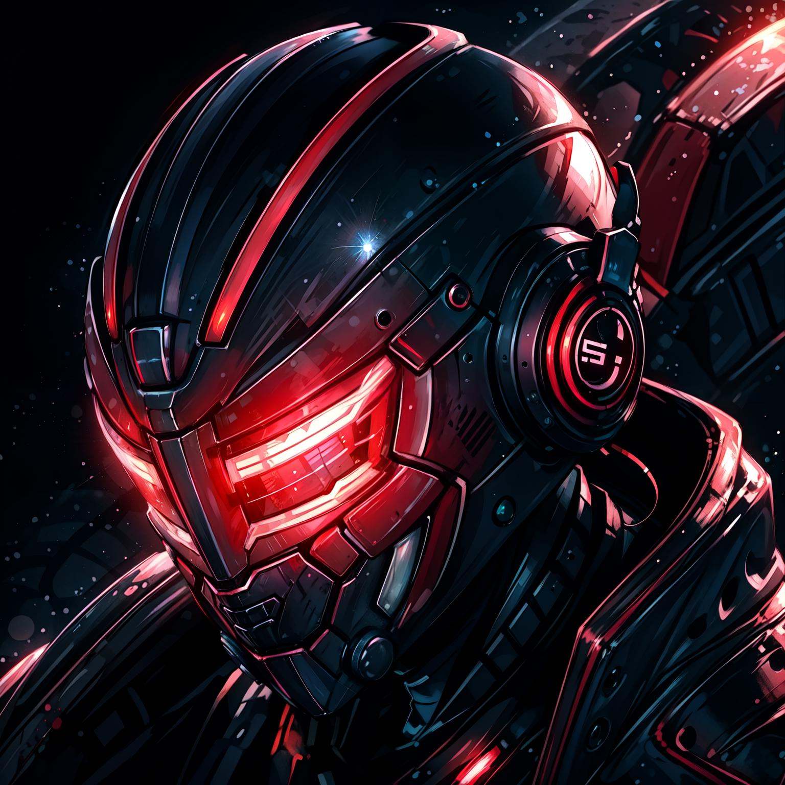 1girl in front of in red power armor:1.1),  [sci fi helmet on head with glowing green eyes],  mask on Tensor.Art