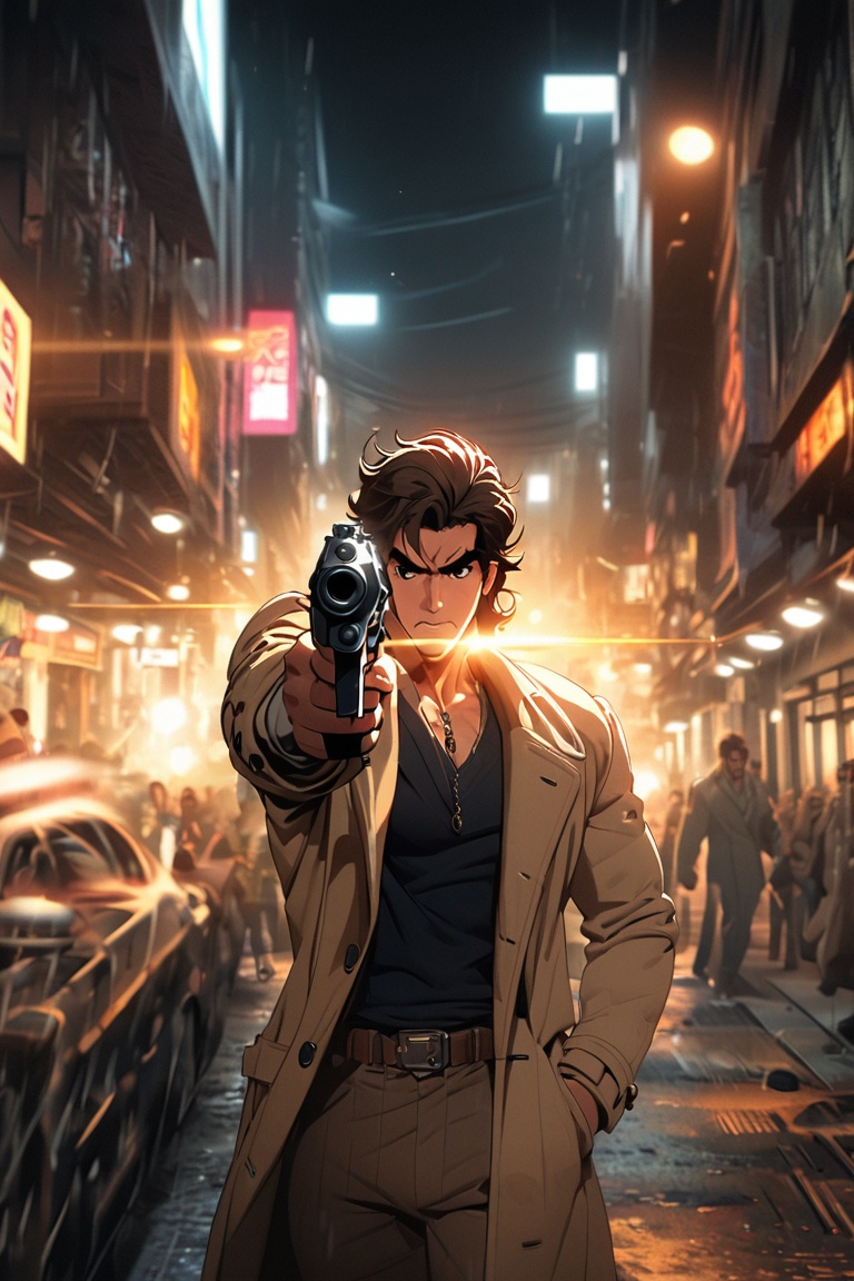 Comic city hunter style,  30 year old handsome man,  Beige long trench coat on Tensor.Art