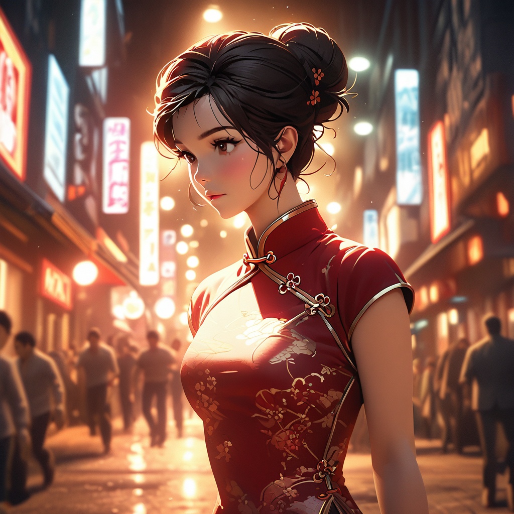 Comic city hunter style,  25 years old beautiful woman,  Red gold edge cheongsam on Tensor.Art